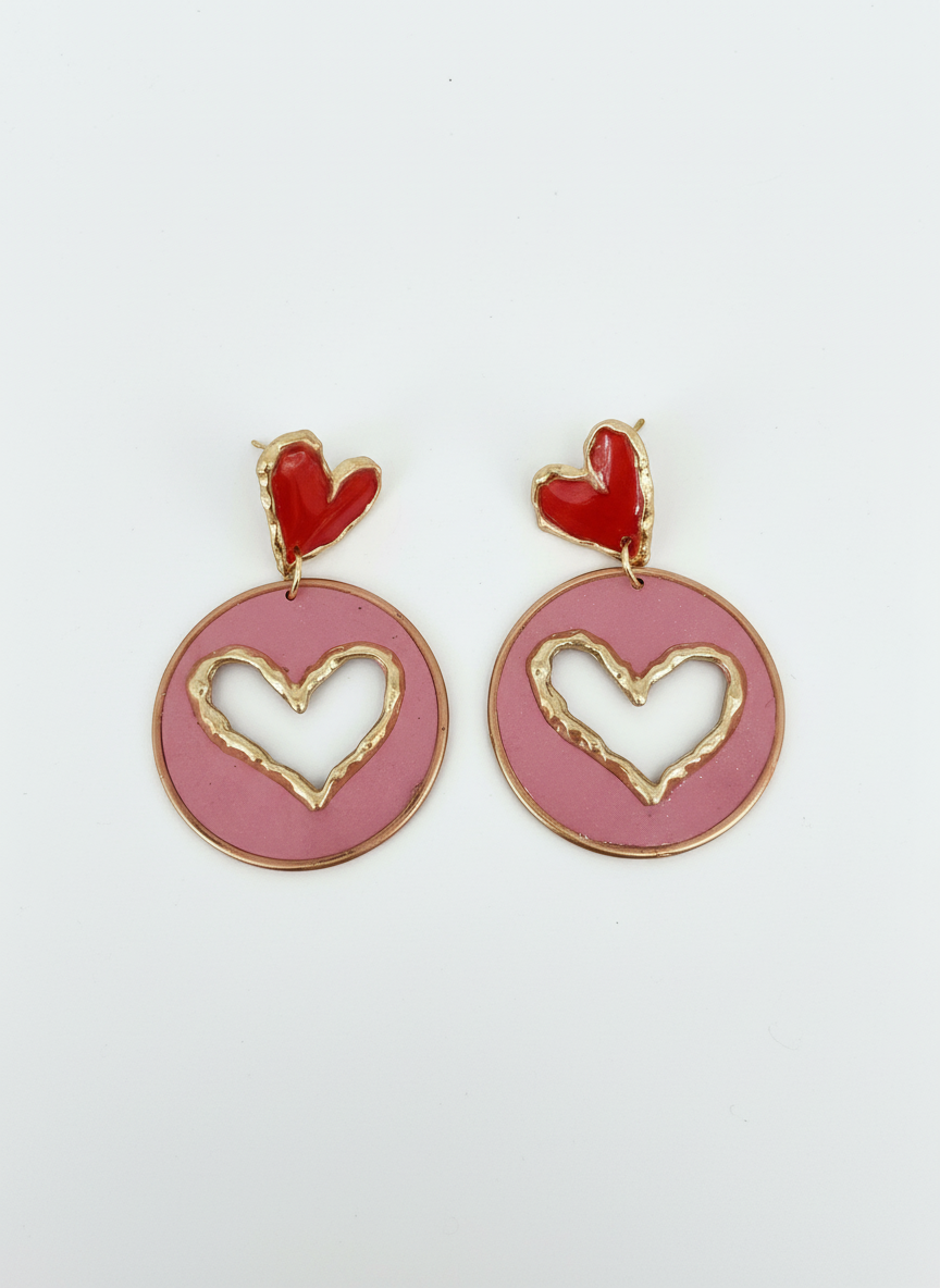 Handmade pink circle earrings with gold heart cut-outs and red heart stud by Gracie Rose Creative - Candy Hearts 2.0.