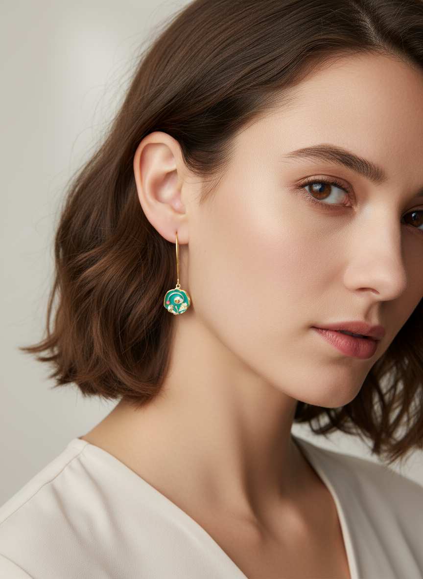 Model showcasing Heirloom Bloom earrings by Gracie Rose Creative, highlighting the elegant teal and gold design in a close-up portrait.