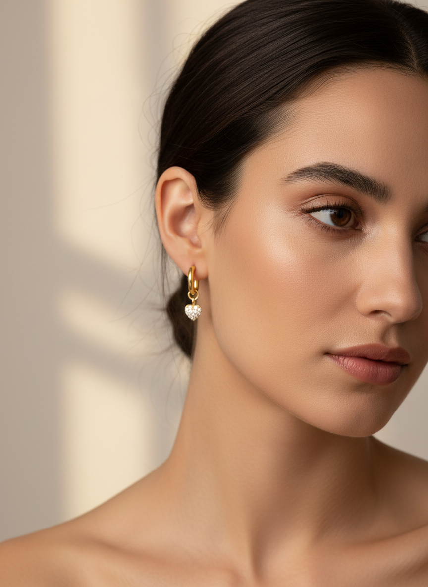 Model wearing Luxe Love Huggies with pavé heart charms, highlighting the elegance and charm of Gracie Rose Creative's jewelry.