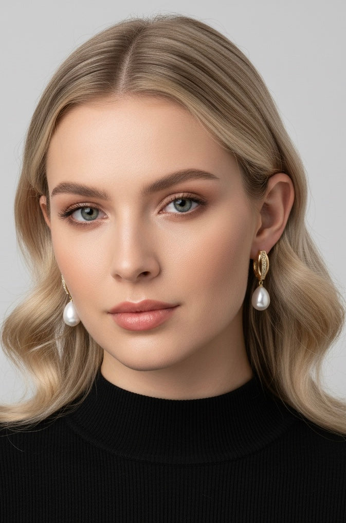 A model wearing Timeless Pearl Huggies by Gracie Rose Creative, showcasing the elegant gold earrings with pearl drops against a neutral background.