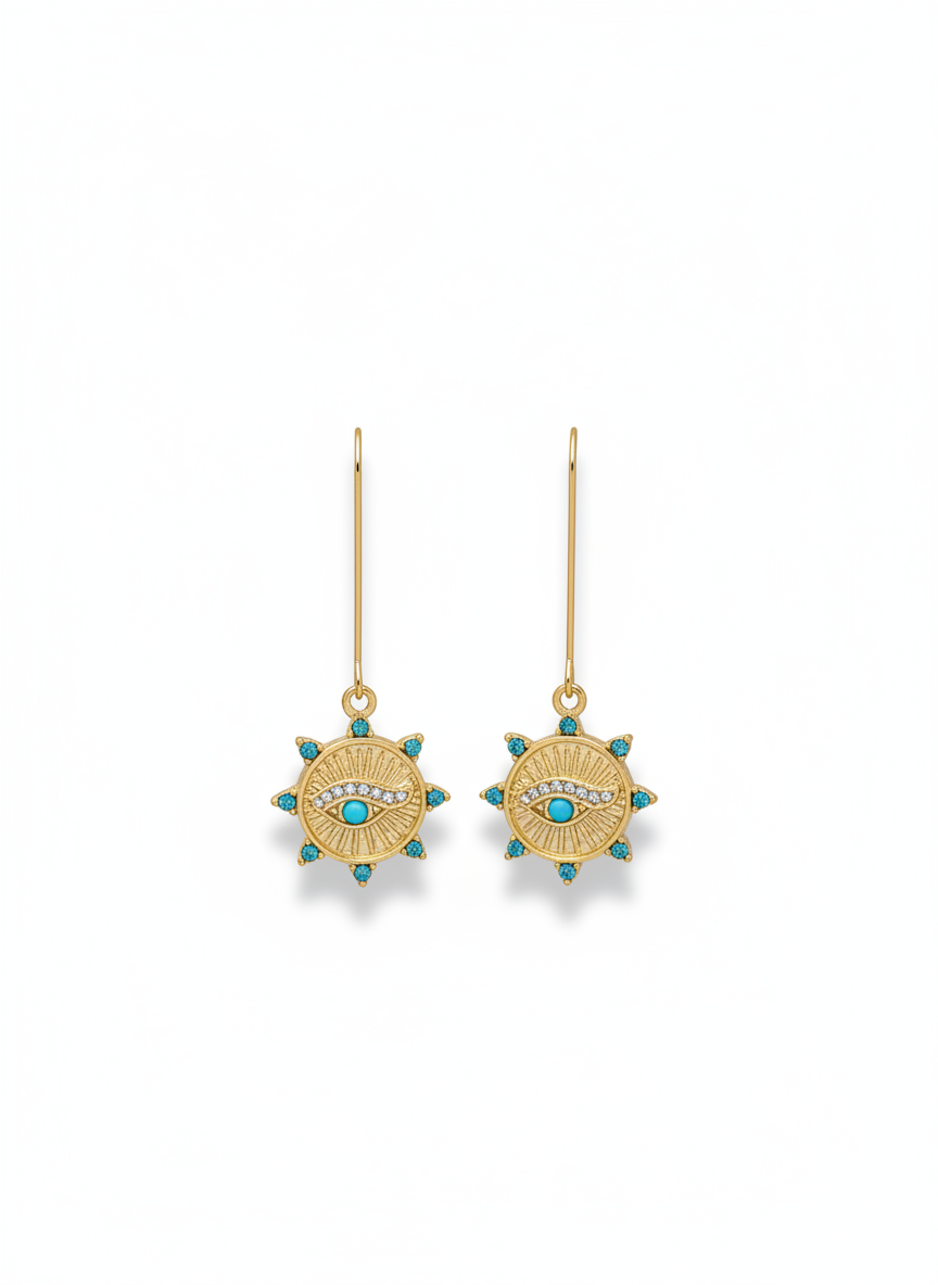 Stunning Solar Guardian Drops earrings by Gracie Rose Creative featuring sunburst design with an evil eye charm and turquoise-inspired crystal accents.