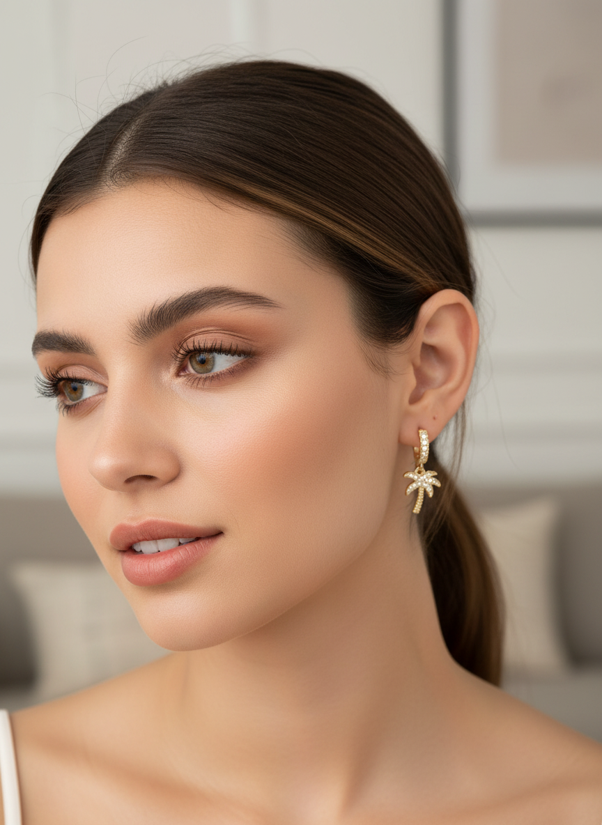 Model showcasing Golden Palms earrings by Gracie Rose Creative, embodying coastal elegance and holiday vibes.