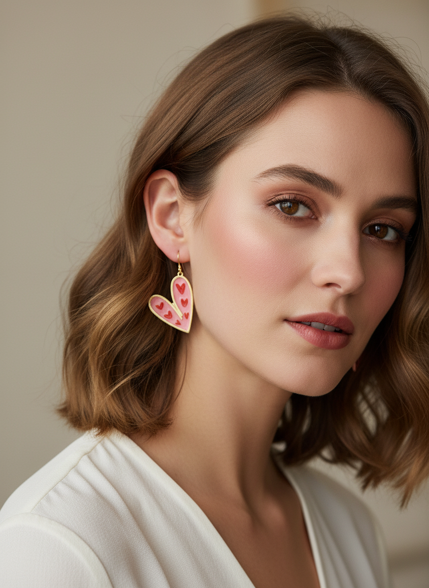 Close-up view of True Love Drops earrings showcasing intricate polymer clay craftsmanship and elegant heart shapes.