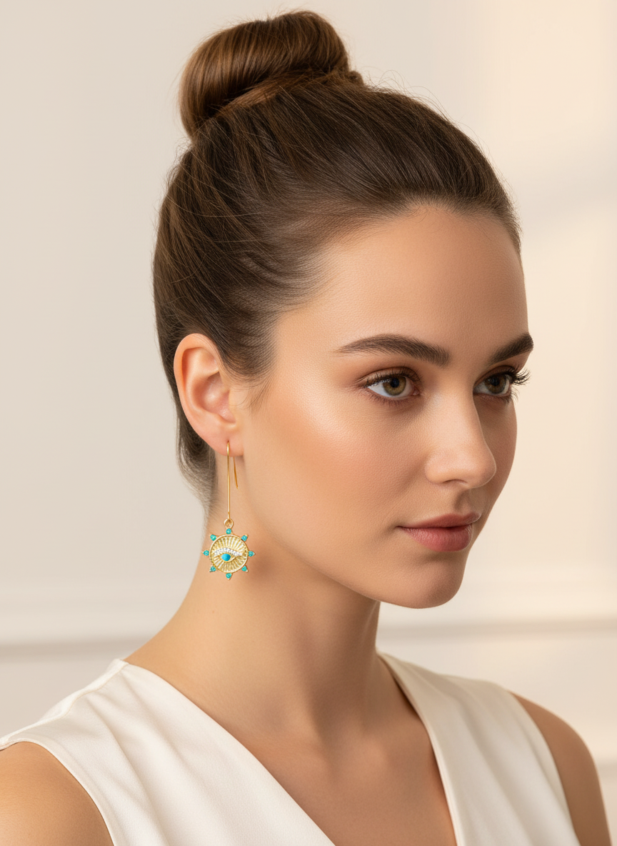 Model wearing Solar Guardian Drops earrings by Gracie Rose Creative, showcasing the striking sunburst design and vibrant colors.