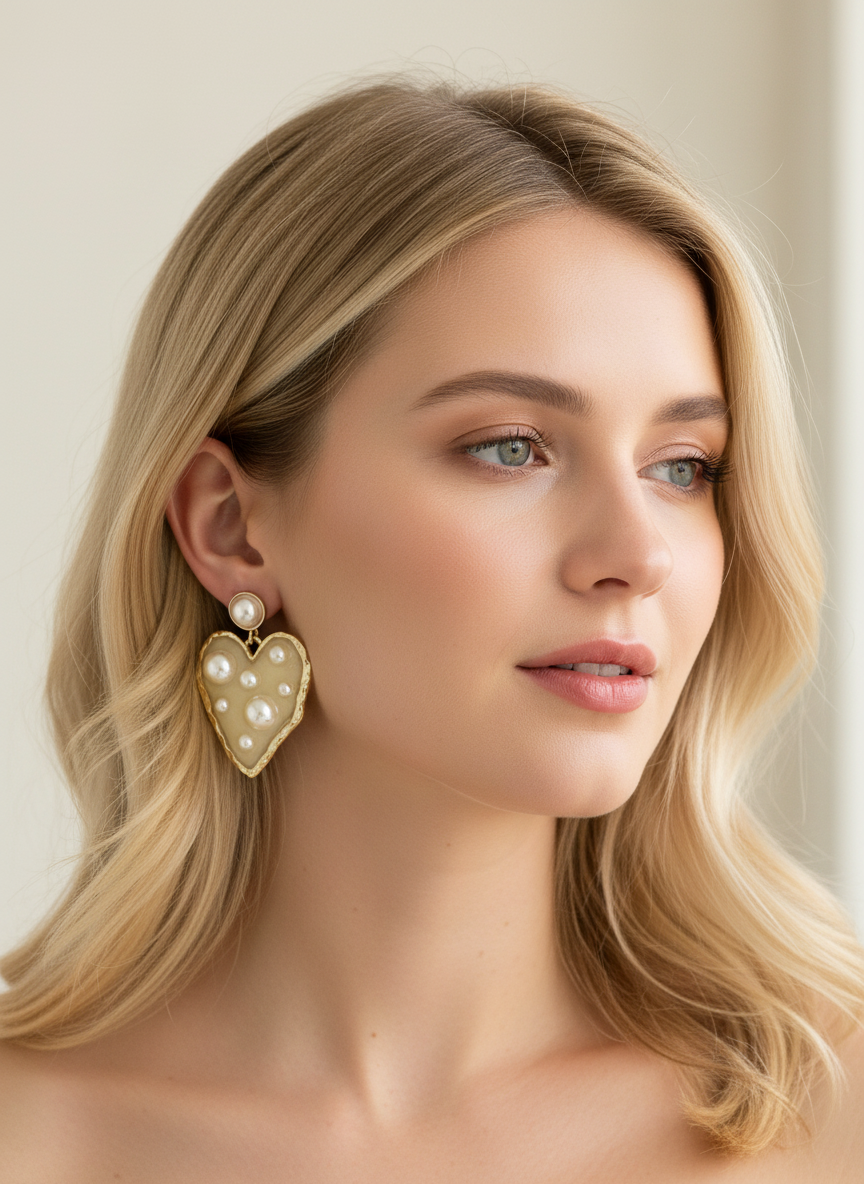 Opulent Hearts worn by a model, showcasing stunning gold and pearl heart earrings, perfect for adding elegance to any outfit.