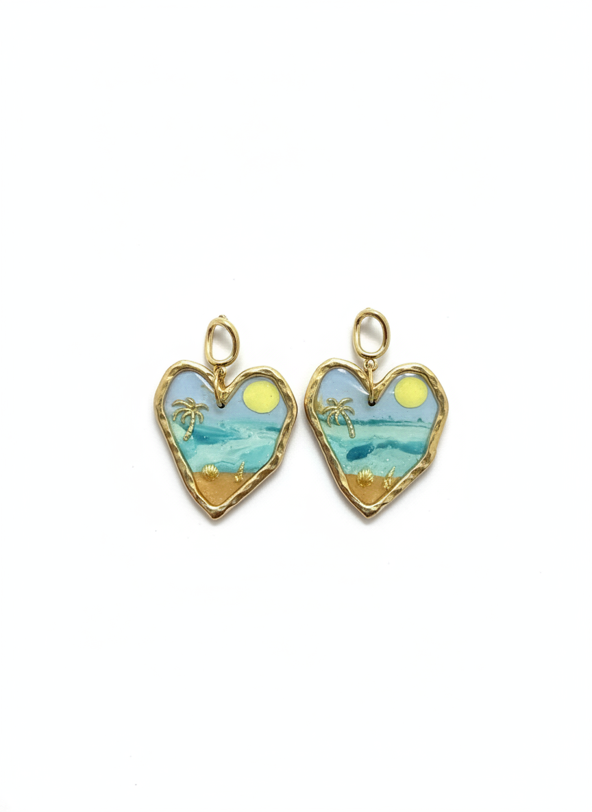 Handmade Ocean Crush Hearts earrings by Gracie Rose Creative featuring soft ocean hues, palm accents, and golden details.