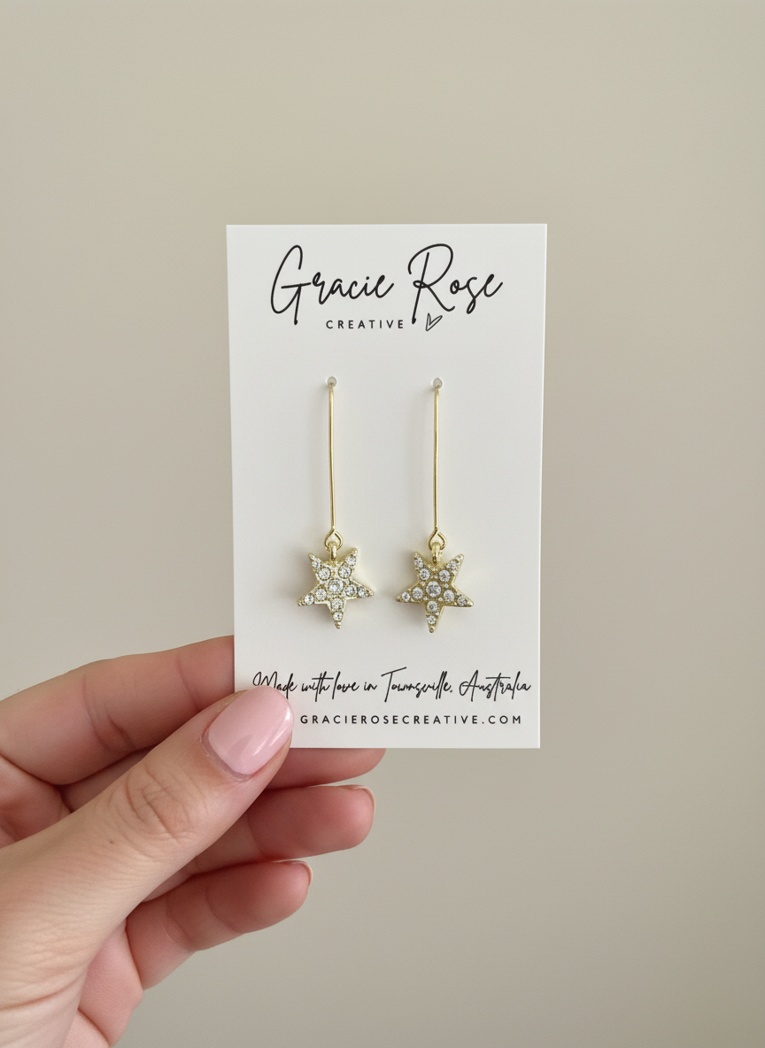 Starlight Drops earrings displayed on a branded card by Gracie Rose Creative, highlighting their handmade design and sparkling diamantés.