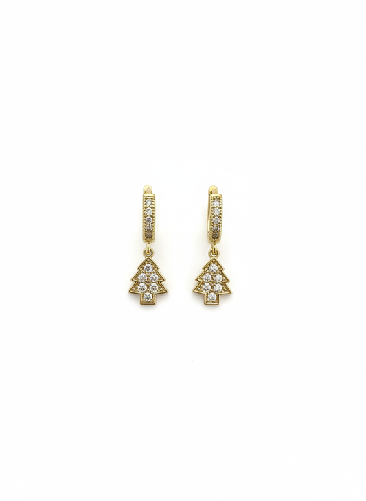 Merry Little Trees earrings by Gracie Rose Creative, featuring gold huggie hooks with glittering Christmas tree charms adorned with diamantés.