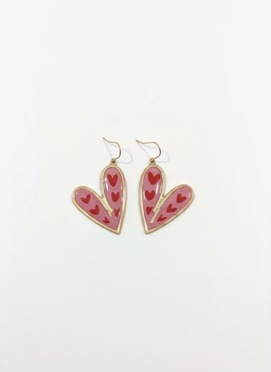 True Love Drops earrings featuring cascading heart silhouettes in blush pink and red with gold edges, perfect handmade Valentine's Day gift.