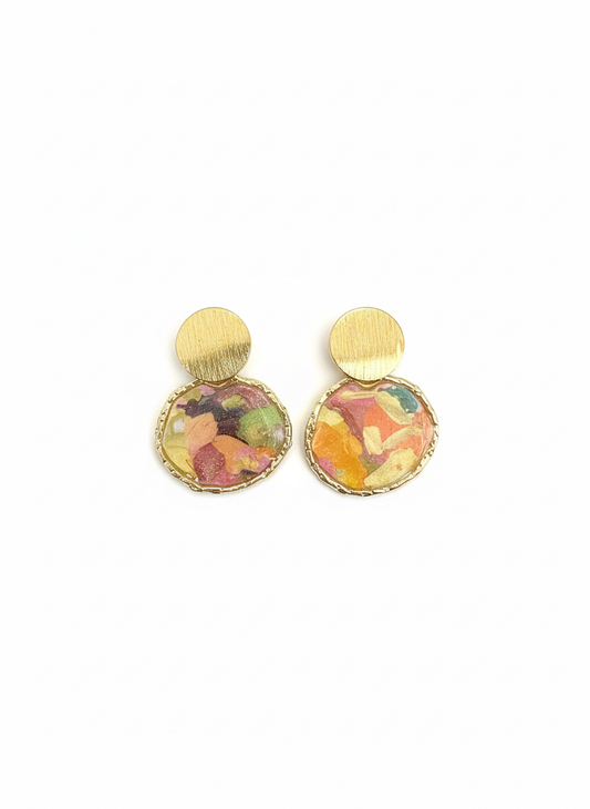 Golden Bloom Mini Studs elegant earrings with brushed gold and vibrant colourful mosaic design.