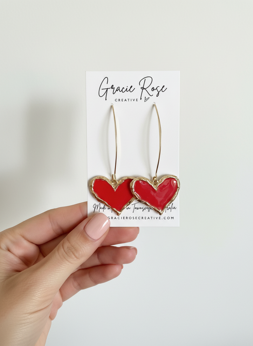 Love Struck Hearts red heart earrings displayed on a card, showcasing handmade design by Gracie Rose Creative.