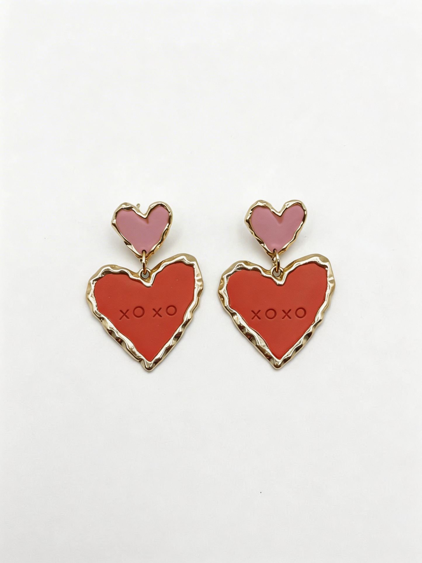 Stylish Double Sweetheart in Pink & Red earrings, featuring a layered heart design in bright red and soft pink. Perfect statement piece for romantic occasions!