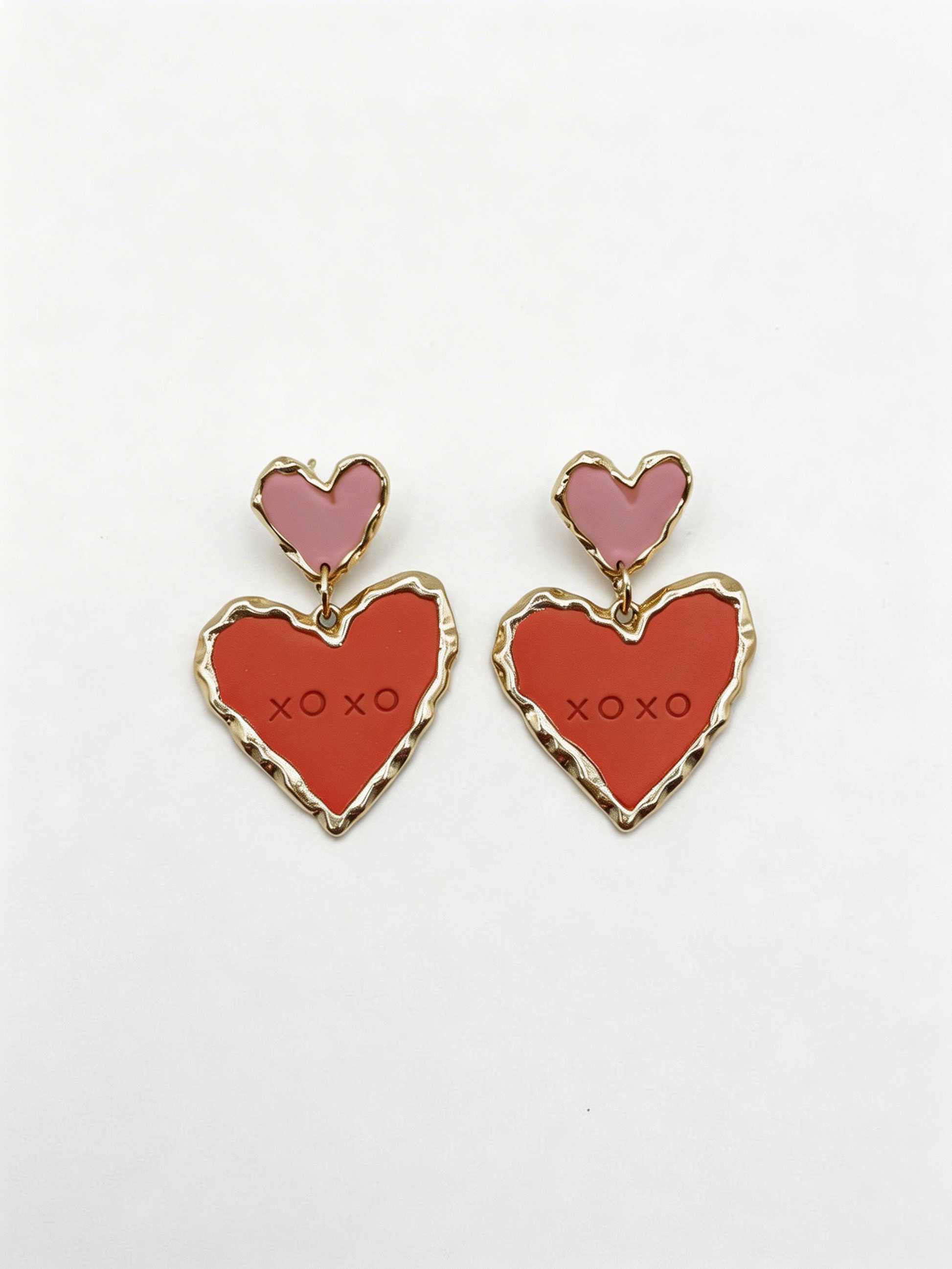 Stylish Double Sweetheart in Pink & Red earrings, featuring a layered heart design in bright red and soft pink. Perfect statement piece for romantic occasions!