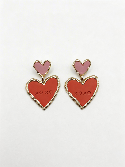 Stylish Double Sweetheart in Pink & Red earrings, featuring a layered heart design in bright red and soft pink. Perfect statement piece for romantic occasions!