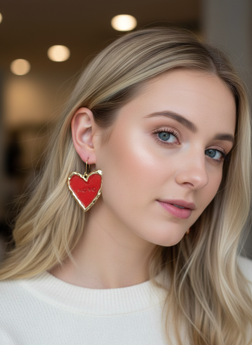 Close-up view of XOXO earrings in red, showcasing the unique handmade design by Gracie Rose Creative.