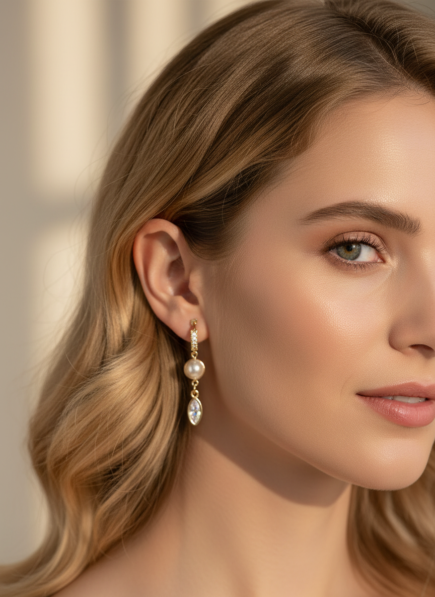 Model wearing Pearl Luxe Drops earrings by Gracie Rose Creative, showcasing the elegant design with pearls and crystals, paired beautifully with natural makeup.