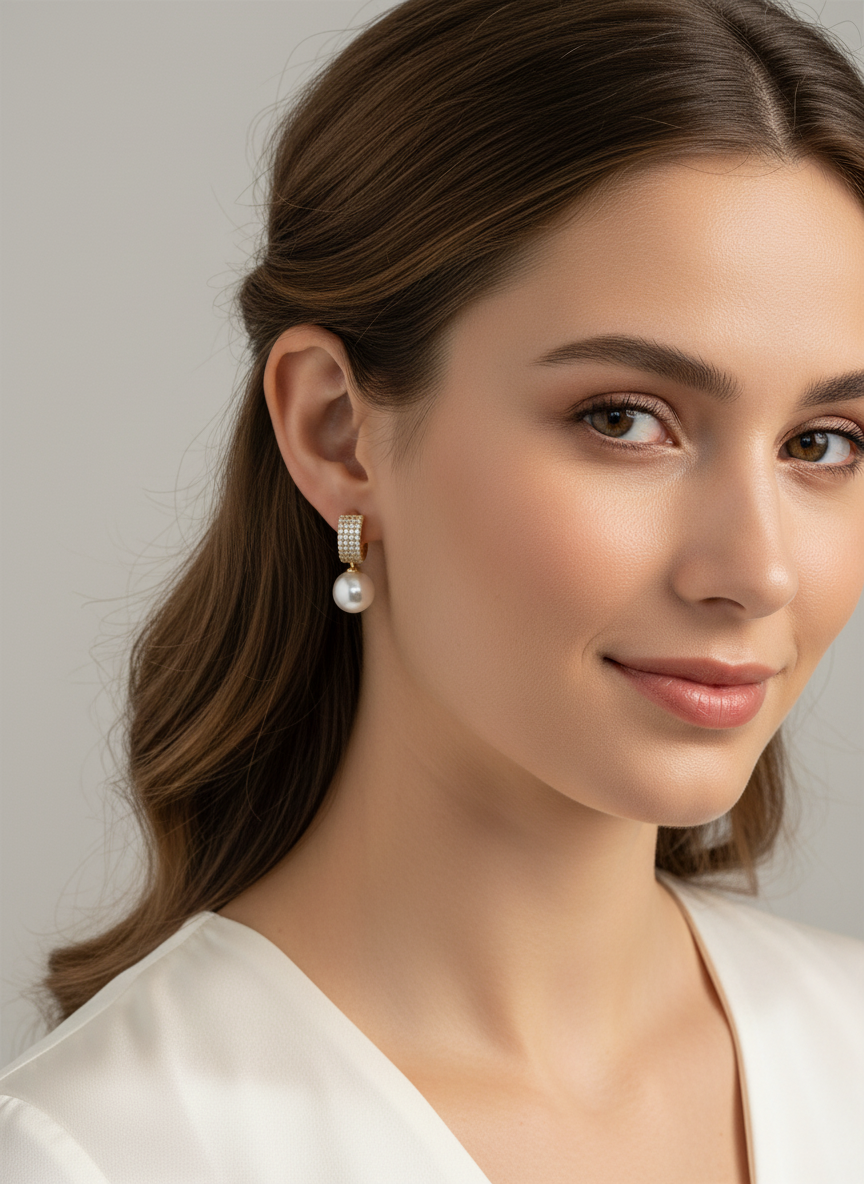 Stylish display of Hidden love Huggies earrings with imitation pearls and diamantés.