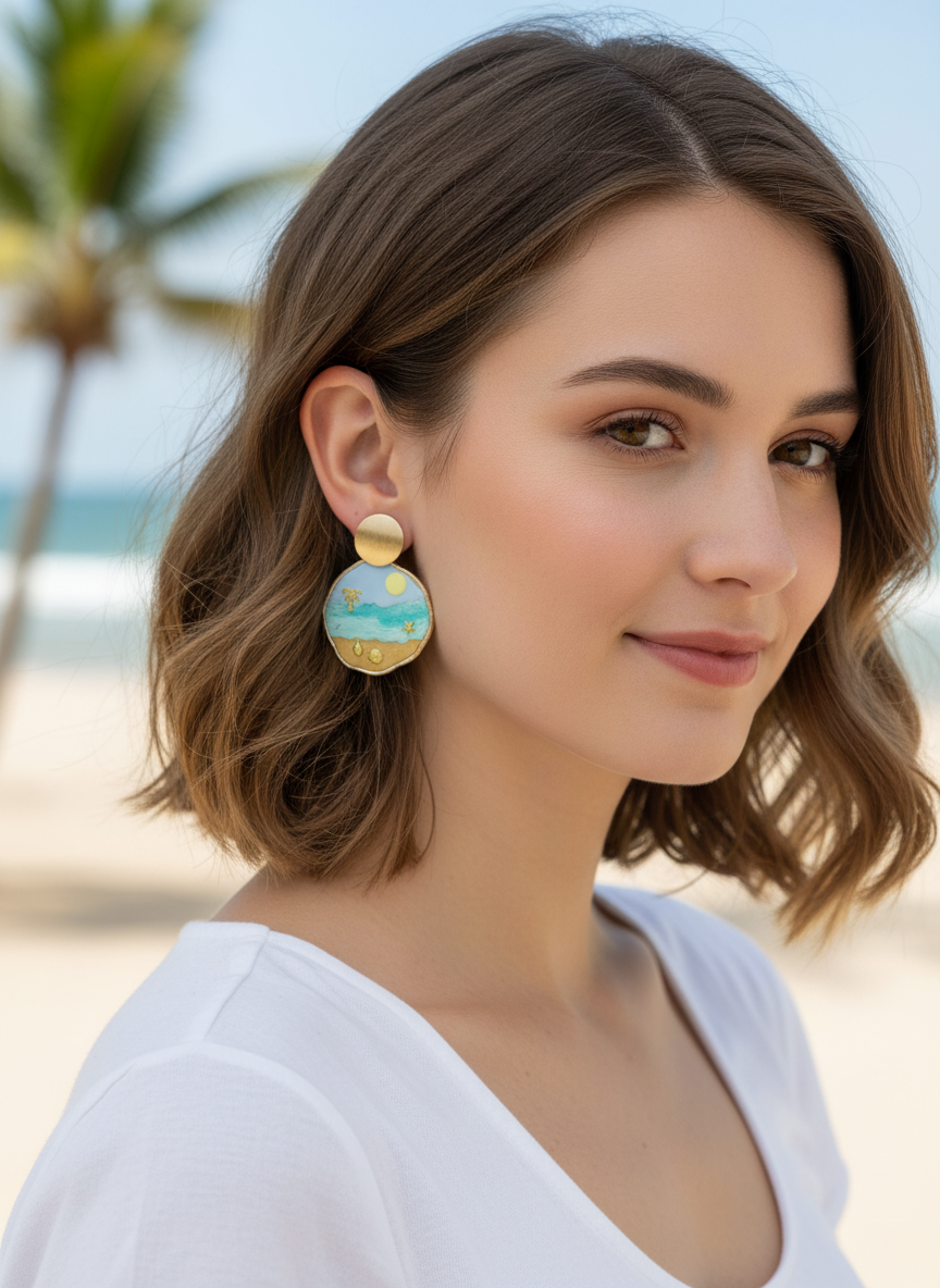 Model showcasing Beach Day Bliss earrings by Gracie Rose Creative with a beach background, highlighting the vibrant design inspired by coastal scenes.
