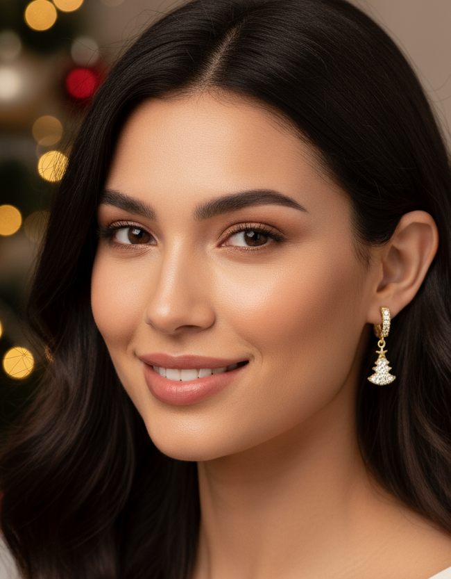 Model wearing Twinkle Tree Huggies by Gracie Rose Creative, showcasing the festive gold huggie earrings with shimmering tree-shaped charms against a holiday backdrop.
