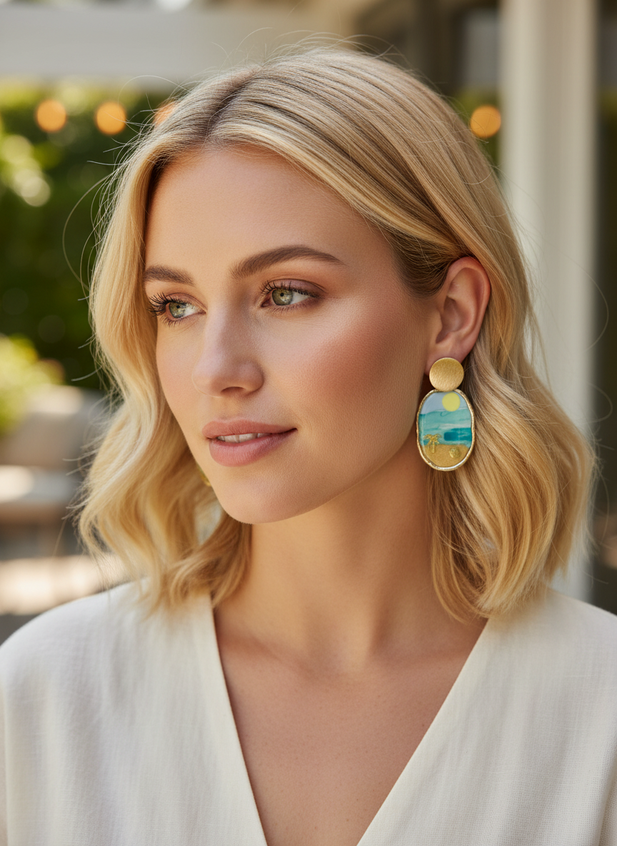Model wearing 'Hello Sunshine' earrings by Gracie Rose Creative, showcasing a colorful beach-themed design that embodies summer vibes.