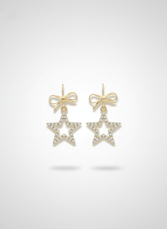 Starlight Baubles earrings by Gracie Rose Creative featuring gold plated star design adorned with diamantés and delicate bows.