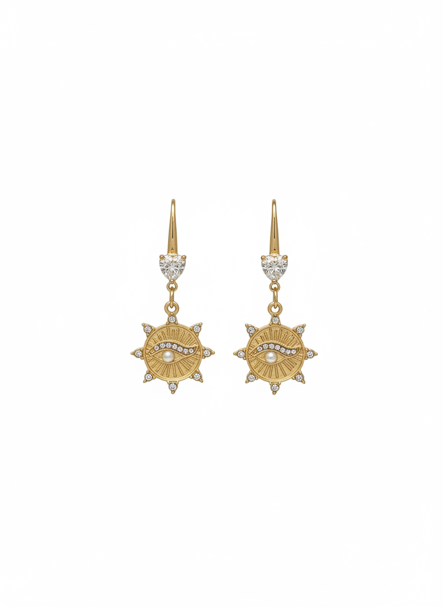 Model wearing Eternal Love Evil Eye Drop Earrings, perfect for special occasions and festivals with a boho luxe style.
