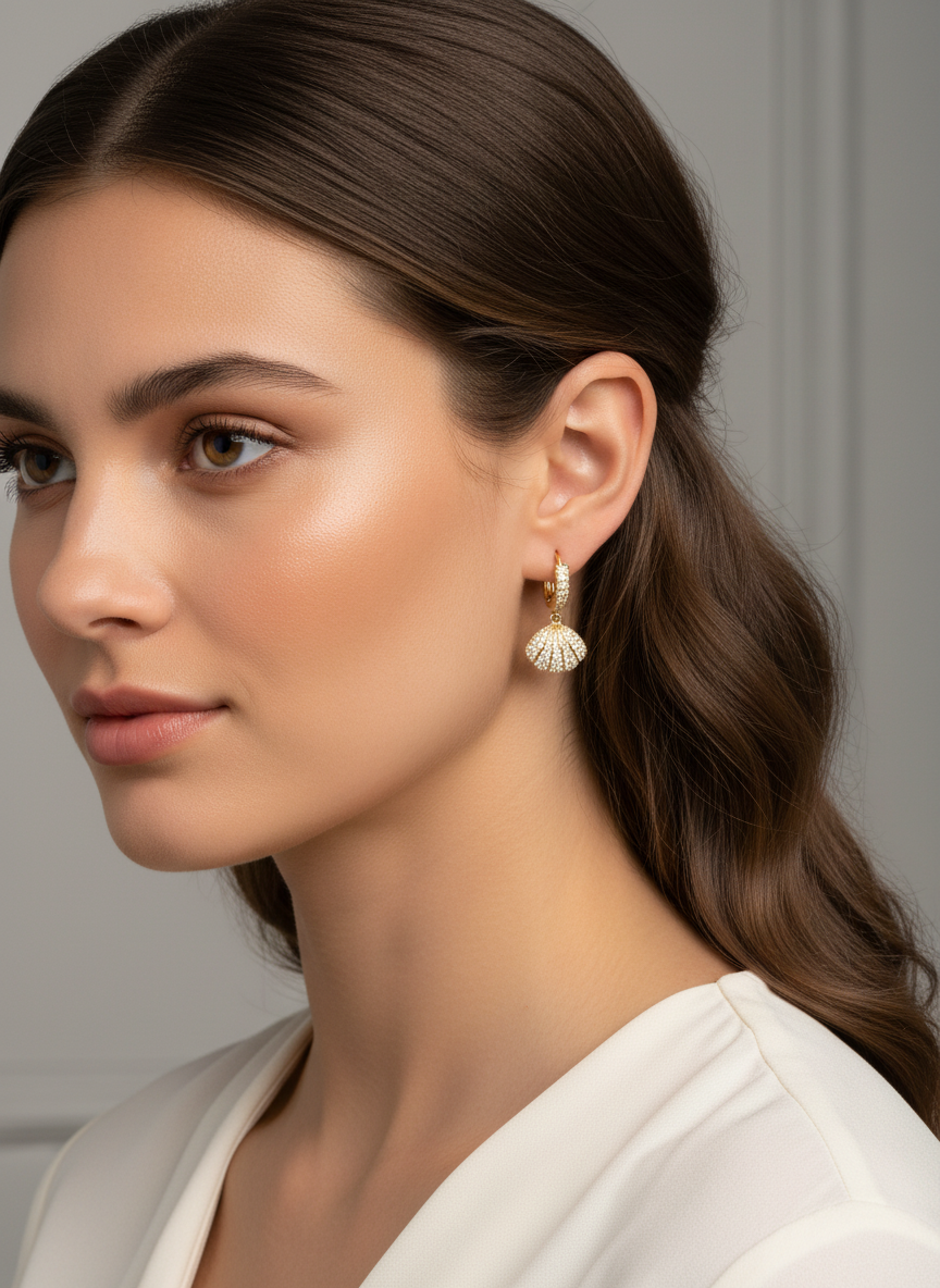 Close-up of Gilded Seashells earrings, featuring 18ct gold plated hooks and charms with diamantés.