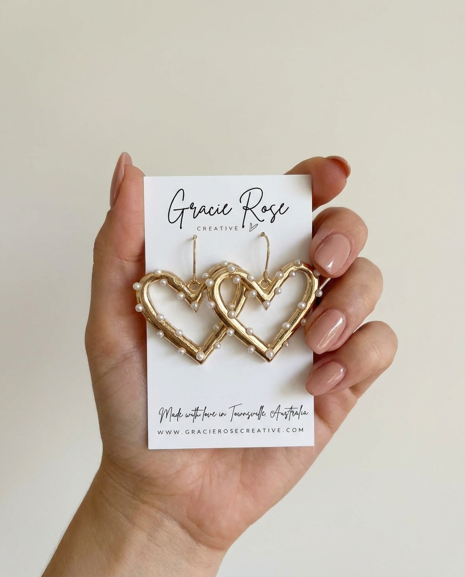Luxe Heart Hoops earrings by Gracie Rose Creative held in hand, highlighting the unique handmade craftsmanship and pearl accents.