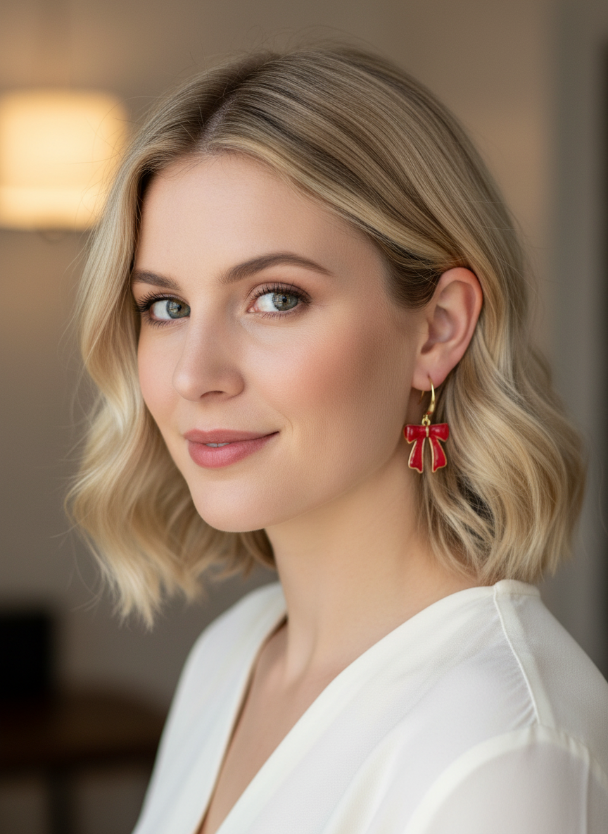 Model wearing Cherry Bow Dangles earrings by Gracie Rose Creative. The classic red bow drops complement her look, showcasing the earrings' feminine and timeless design.