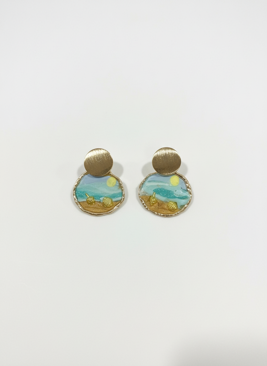 Mini Beach Day Bliss earrings by Gracie Rose Creative showcasing a coastal scene with golden sands and ocean blues in a handcrafted polymer clay design.