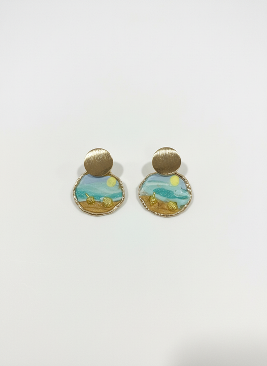 Mini Beach Day Bliss earrings by Gracie Rose Creative showcasing a coastal scene with golden sands and ocean blues in a handcrafted polymer clay design.