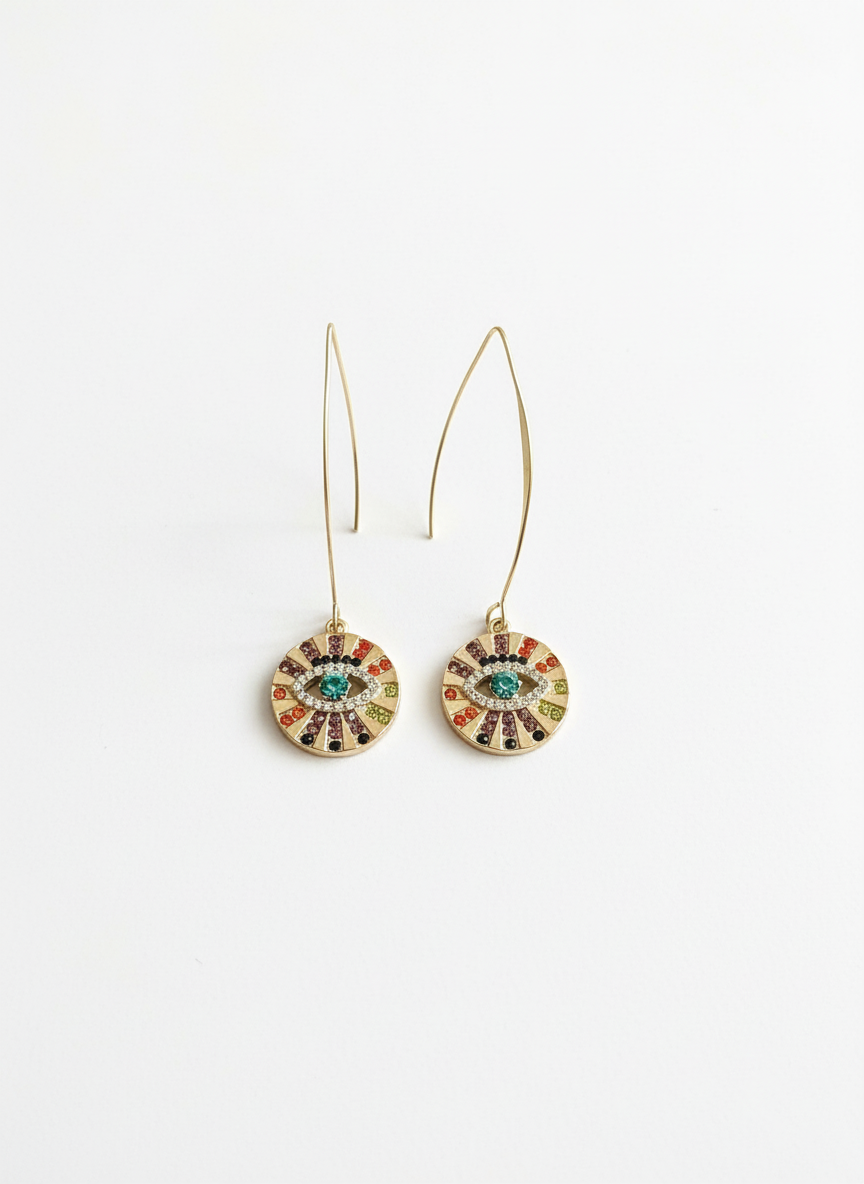 Stylish Rainbow Evil Eye Drop Earrings by Gracie Rose Creative displayed on a light background, showcasing their colorful crystal accents and gold-toned threader design.
