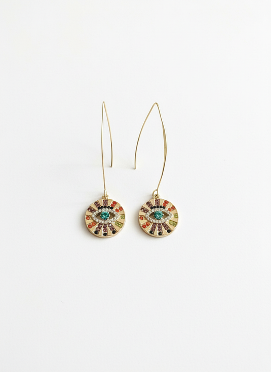 Stylish Rainbow Evil Eye Drop Earrings by Gracie Rose Creative displayed on a light background, showcasing their colorful crystal accents and gold-toned threader design.