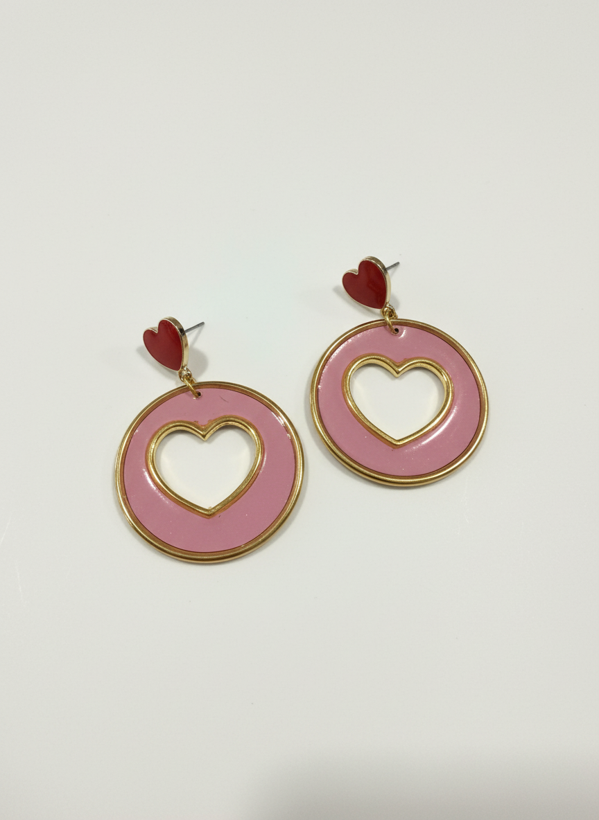 Handmade pink circle earrings with gold heart cut-outs and red heart stud, Candy Hearts by Gracie Rose Creative.