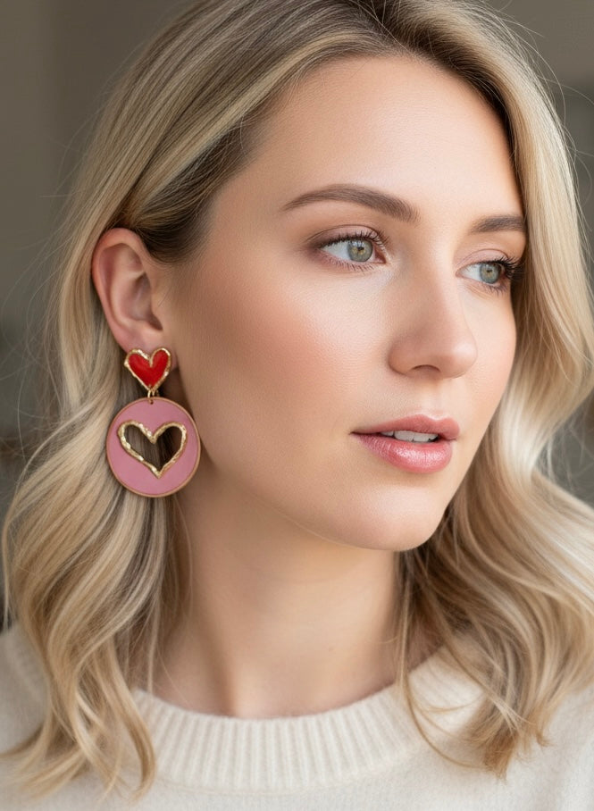 Model showcasing pink circle earrings with gold heart cut-outs and red heart stud, designed by Gracie Rose Creative - Candy Hearts 2.0.
