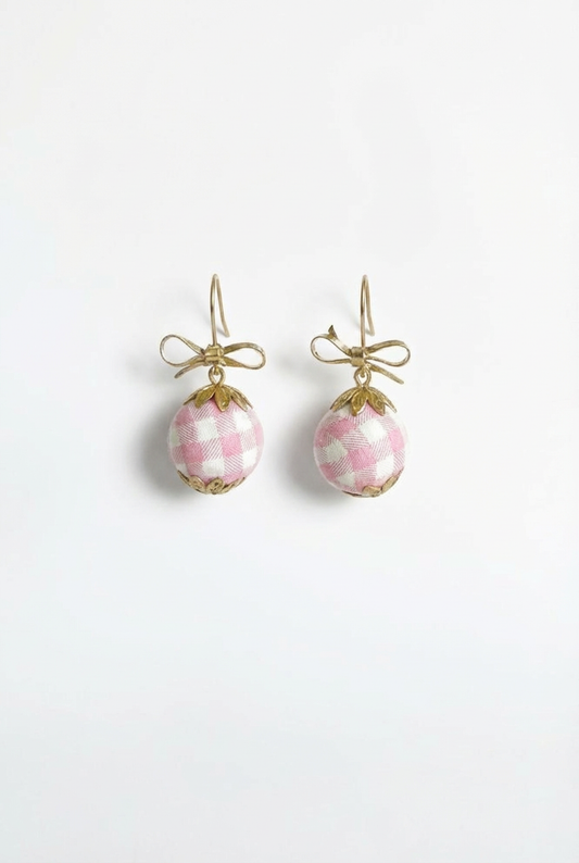 Gingham Baubles pink drop earrings featuring gold bows, handmade by Gracie Rose Creative.