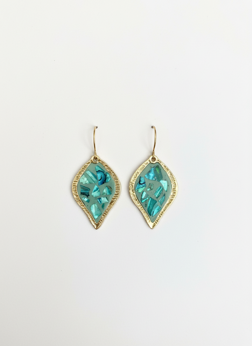 Sage Mosaic Drops by Gracie Rose Creative - Handmade earrings featuring a turquoise mosaic design in a gold leaf-shaped frame.