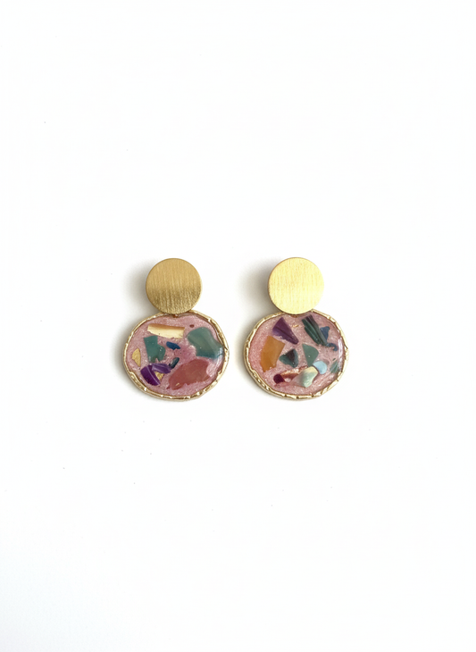 Handmade Pink Mosaic Mini Studs by Gracie Rose Creative featuring colorful abalone shell pieces and gold-rimmed design.