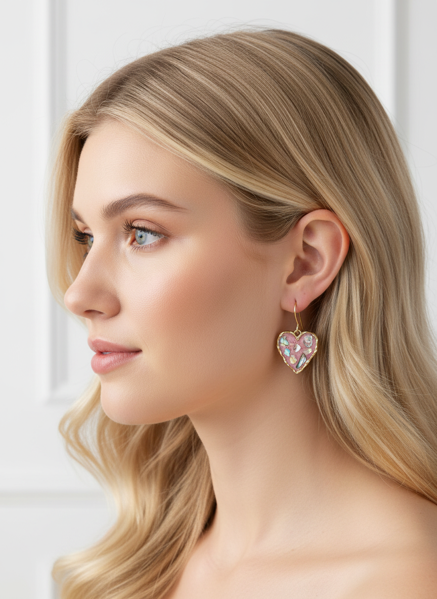 Model showcasing Pink Mosaic Mini Hearts earrings by Gracie Rose Creative, highlighting their stylish and eclectic look.