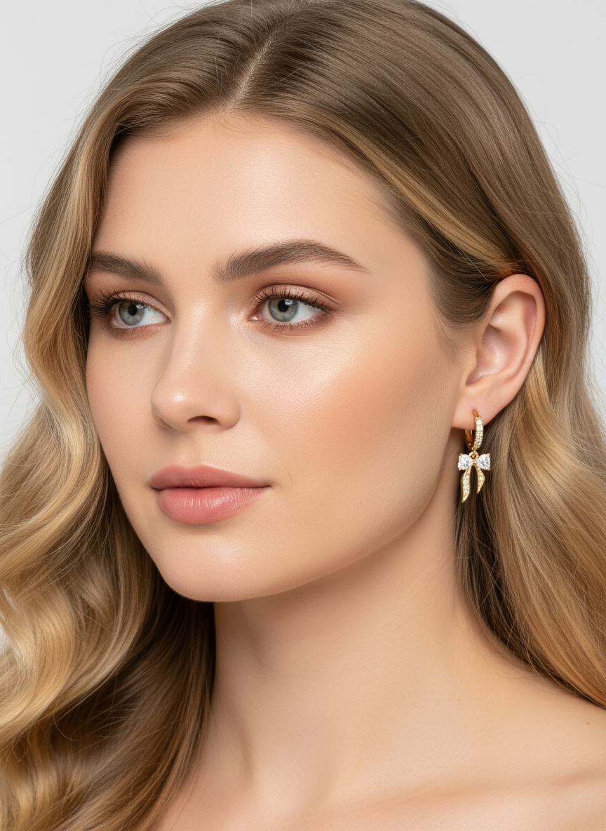 Model showcasing The Crystal Bows earrings by Gracie Rose Creative, featuring radiant gold bows with crystal detailing.