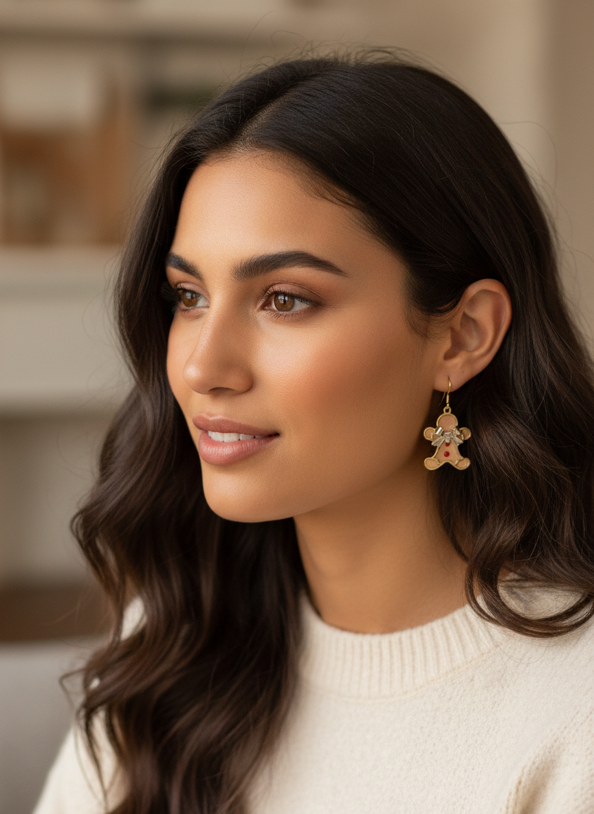 Model wearing the gingerbread men earrings in red by Gracie Rose Creative, showcasing a stylish holiday look and festive charm.