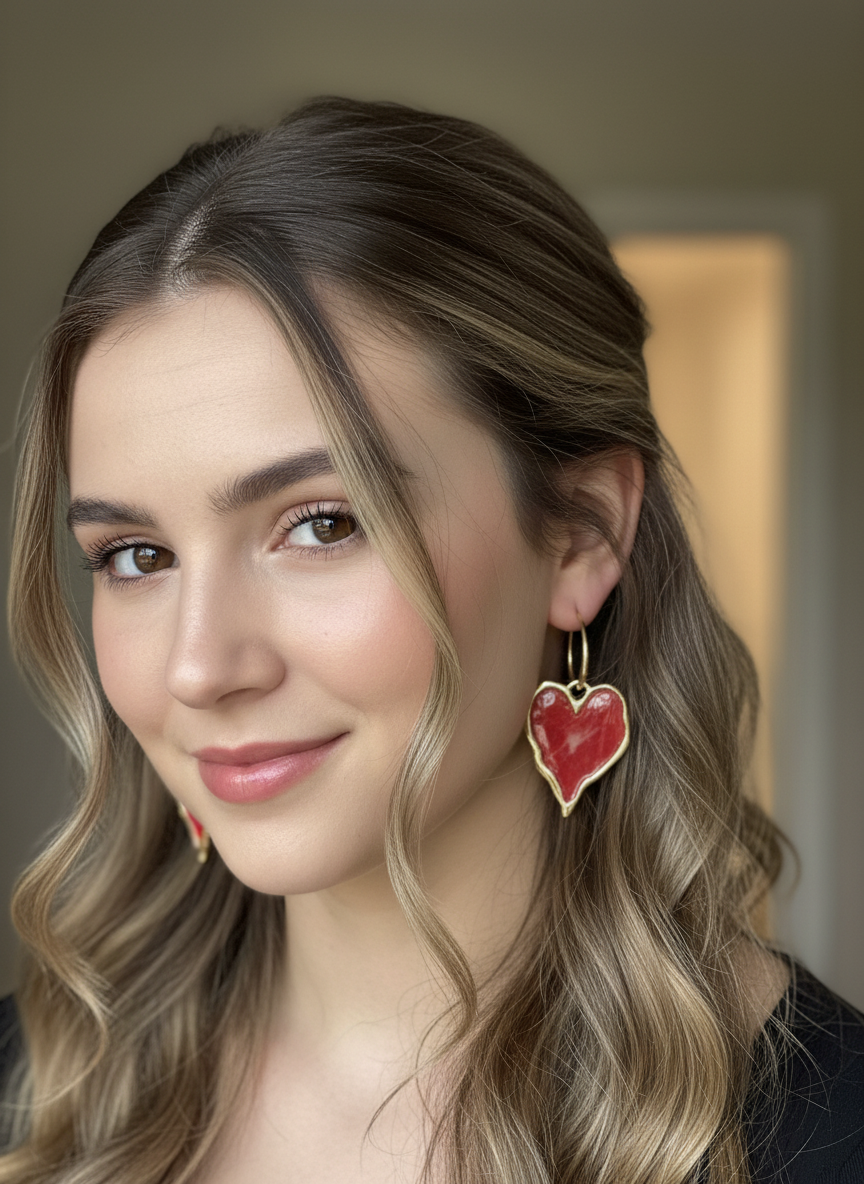 Close-up view of Red Hot Hearts earrings showcasing their unique polymer clay design and refined gold accents.
