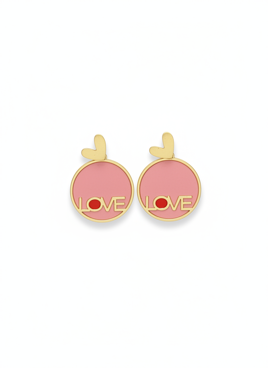Handcrafted Love You Drops earrings by Gracie Rose Creative featuring a blush pink circular drop design with a modern LOVE cut-out in gold.
