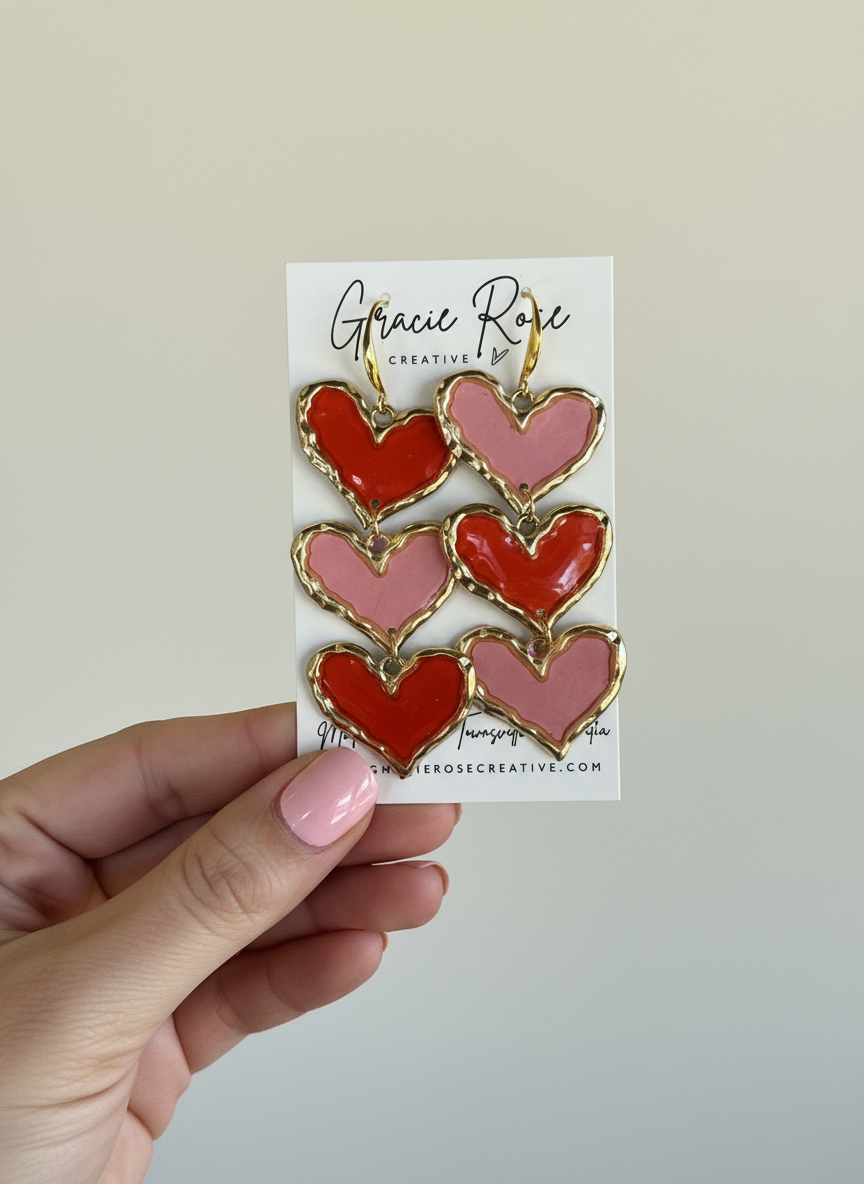 A hand showcasing The Mega Sweetheart Stack earrings by Gracie Rose Creative, featuring layered red and blush pink hearts with gold detailing, perfect for adding a romantic touch to any outfit.