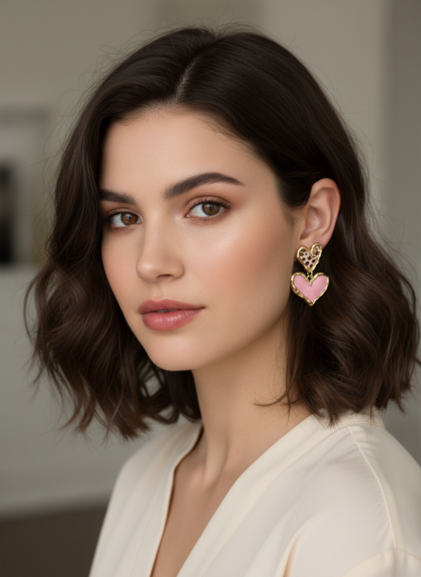Close-up view of the handmade Cross Your Heart earrings showcasing the playful leopard print and shiny pink finish, ideal for a bold and flirty look.
