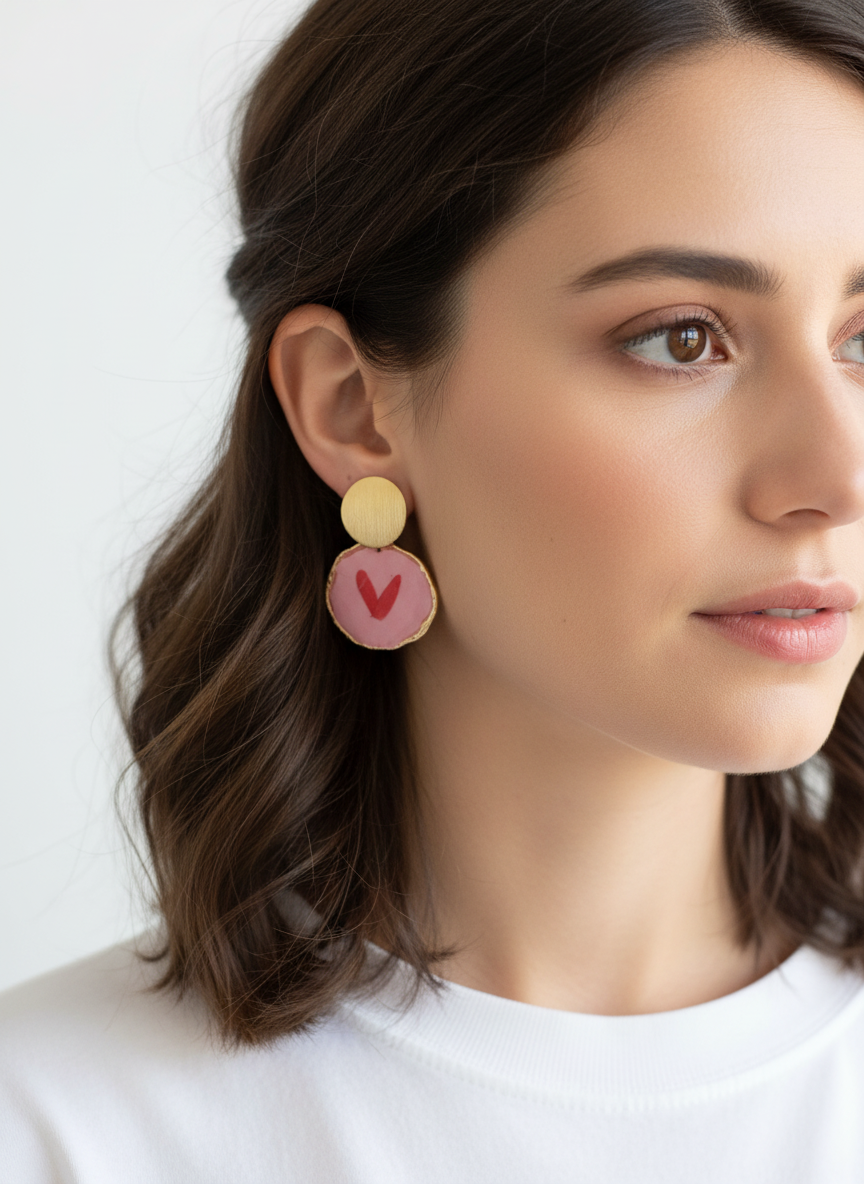 Model showcasing Sweetheart Pops earrings by Gracie Rose Creative, featuring a pink circular drop with a hand sculpted red heart detail and elegant brushed gold studs.