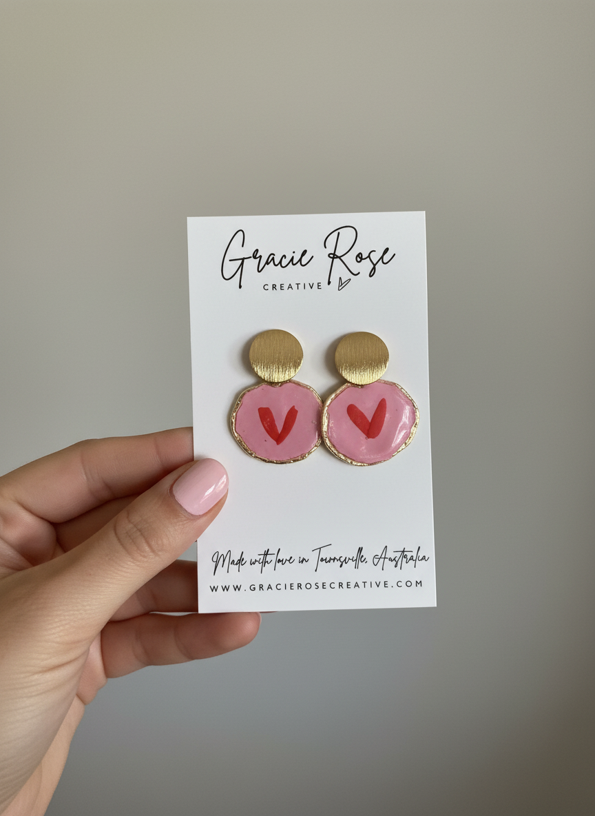 Hand holding Sweetheart Pops earrings by Gracie Rose Creative, displayed on a branded card, highlighting their unique pink color and playful heart design.