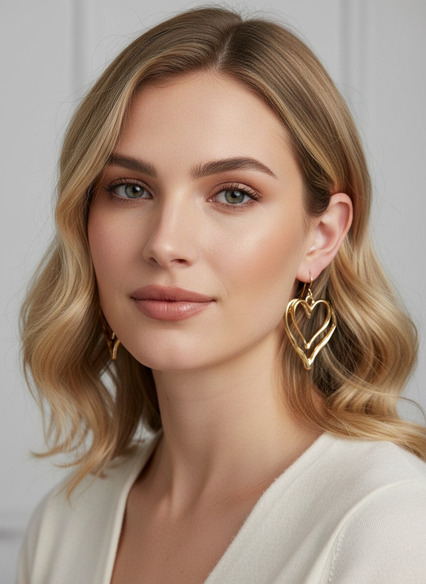 Close-up of Double Heart Glow Drops earrings showcasing the intricate gold-plated curves and the delicate inner heart, perfect for elevating any outfit.