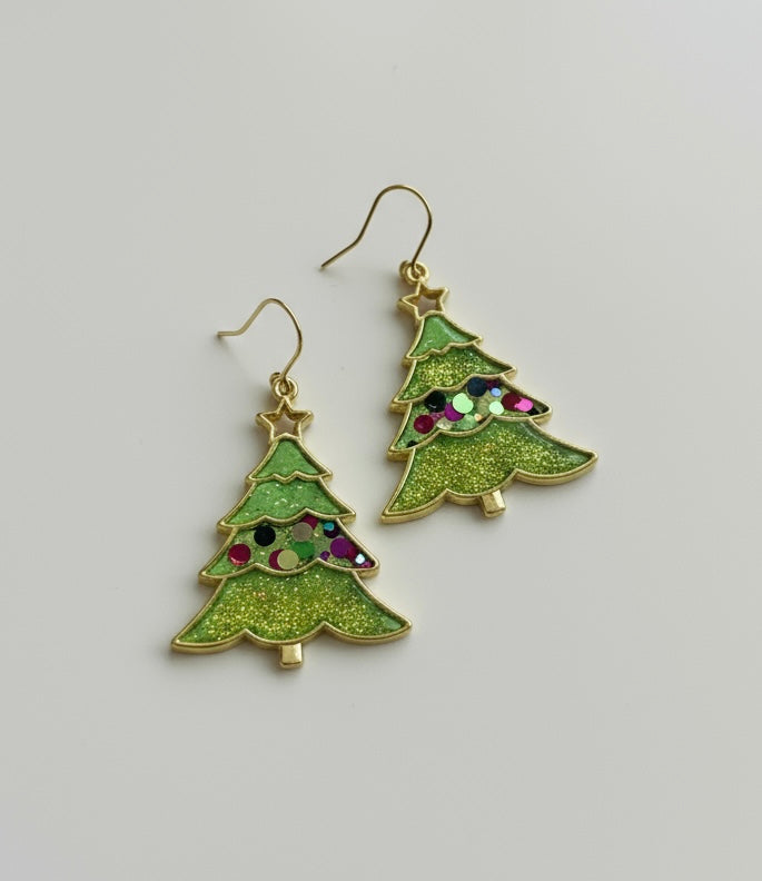 Oh Christmas Tree… green earrings by Gracie Rose Creative, featuring glittery Christmas tree design with colorful confetti details.